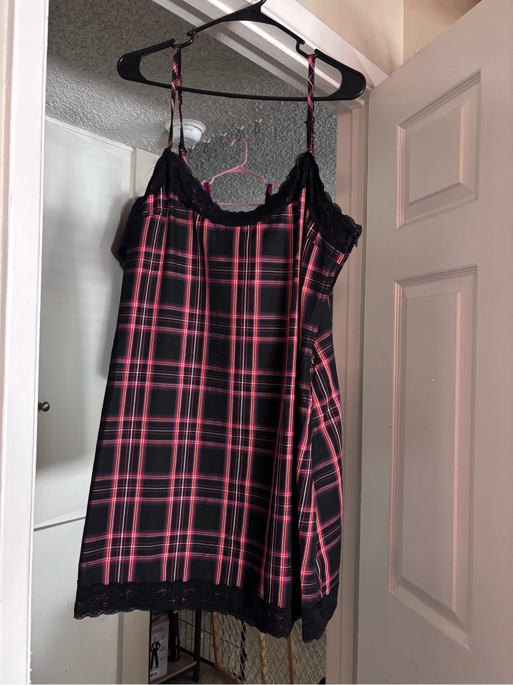 Black & Pink Plaid Satin Slip Dress with Lace Trim